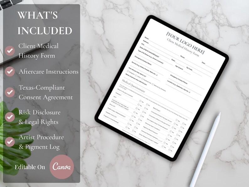 Peut inclure: Une tablette num&eacute;rique affiche un formulaire d'ant&eacute;c&eacute;dents m&eacute;dicaux pour le client, avec un stylo &agrave; proximit&eacute;. La tablette est sur une surface en marbre, avec une liste d'&eacute;l&eacute;ments inclus.