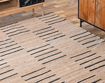 9x12 Handmade Natural With Black Hemp Jute Rungs-Extra Large Jute Rugs Black Jute Rugs-Stripes jute Rug, Large Area Hemp Rug For Hallway Rug