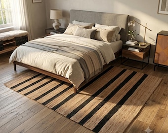 9x12 Handmade Black With Natural Hemp Jute Rungs-Extra Large Jute Rugs green Jute Rugs-Stripes jute Rug, Large Area Hemp Rug For Hallway Rug