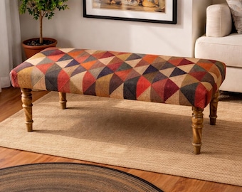 Handmade Kilim Bench: Wool Jute Rug, Acacia Wood Legs