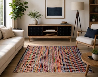 Hand Braided Cotton Jute Chindi Rugs Multicolor Chindi Area rug , Handwoven Indian Rug