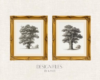 Set of 2 Vintage Tree Prints | Black & White Ink Tree Art | Oak Tree Printable Wall Art | Botanical Nature Print Set | Instant Download