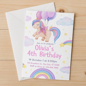 Unicorn Birthday Invitation | Editable Girl’s 4th Birthday Invite | Rainbow Pony Party Template | Printable Digital Download