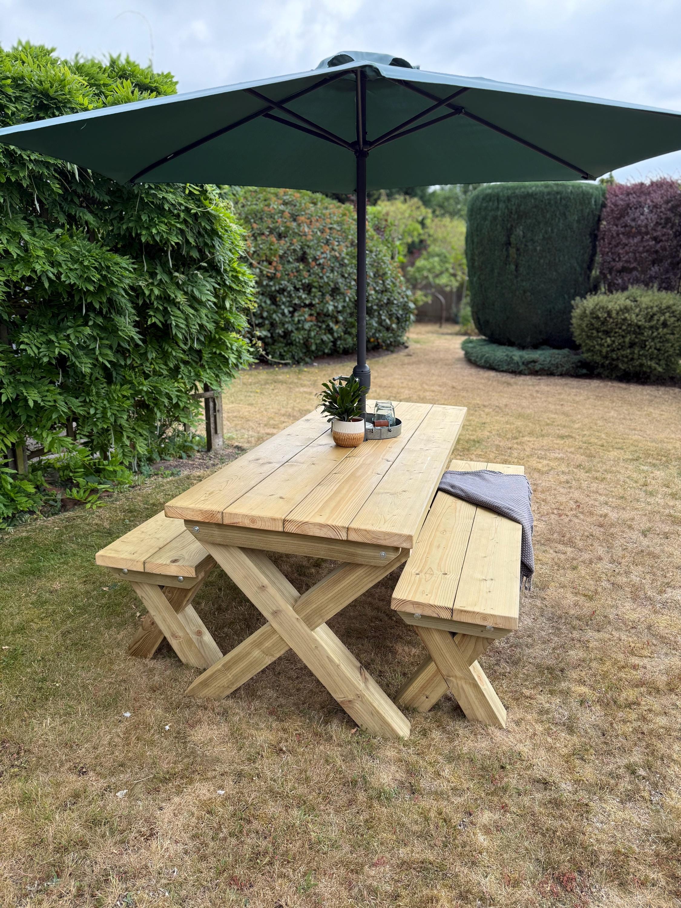Chunky Wooden Outdoor Dining Table and Bench Set | Patio Furniture ...