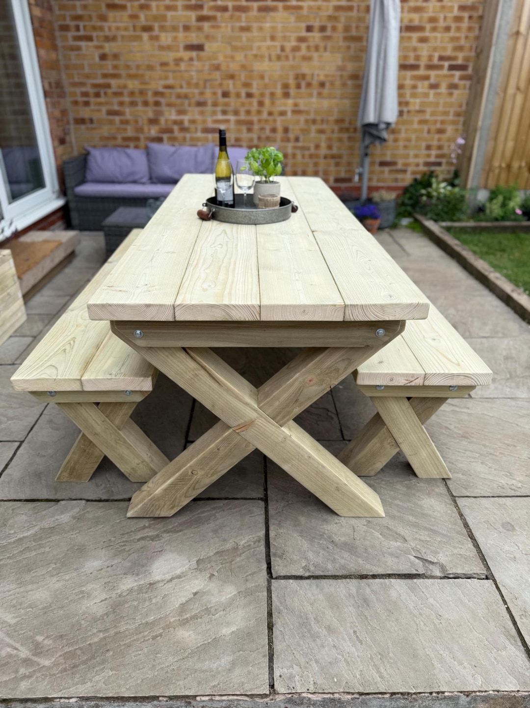Chunky Wooden Outdoor Dining Table and Bench Set | Patio Furniture ...