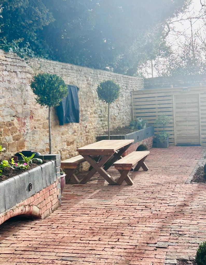 Chunky Wooden Outdoor Dining Table and Bench Set | Patio Furniture ...