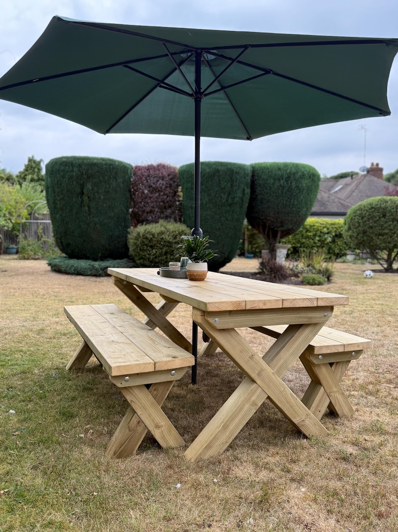 Chunky Wooden Outdoor Dining Table and Bench Set | Patio Furniture ...