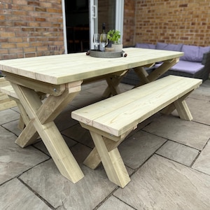 Chunky Wooden Outdoor Dining Table and Bench Set | Patio Furniture ...