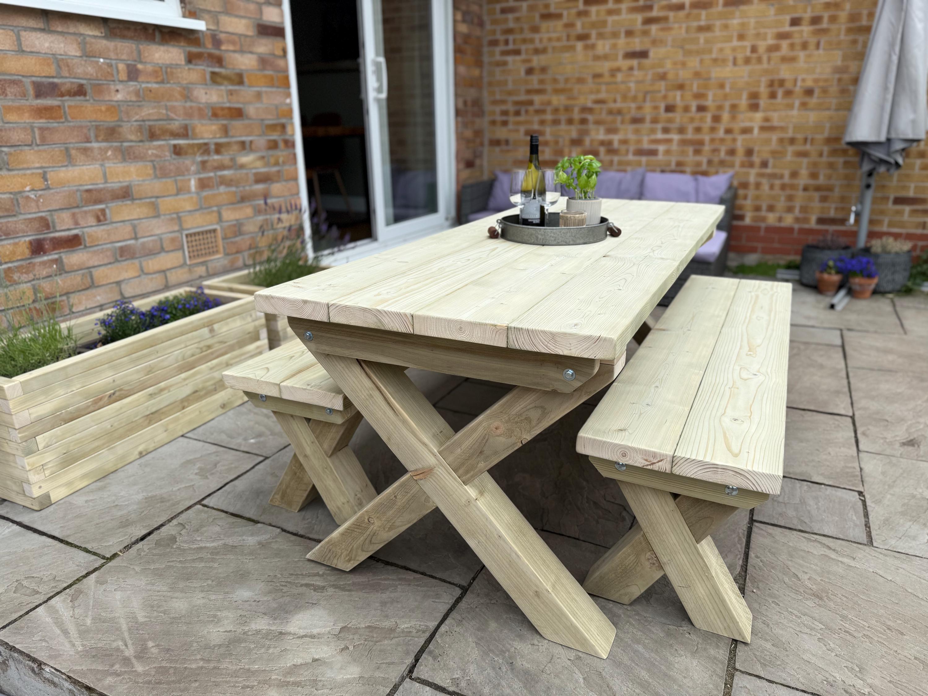 Chunky Wooden Outdoor Dining Table and Bench Set | Patio Furniture ...