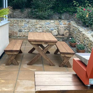 Chunky Wooden Outdoor Dining Table and Bench Set | Patio Furniture ...