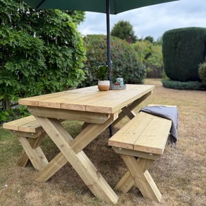 Chunky Wooden Outdoor Dining Table and Bench Set | Patio Furniture ...