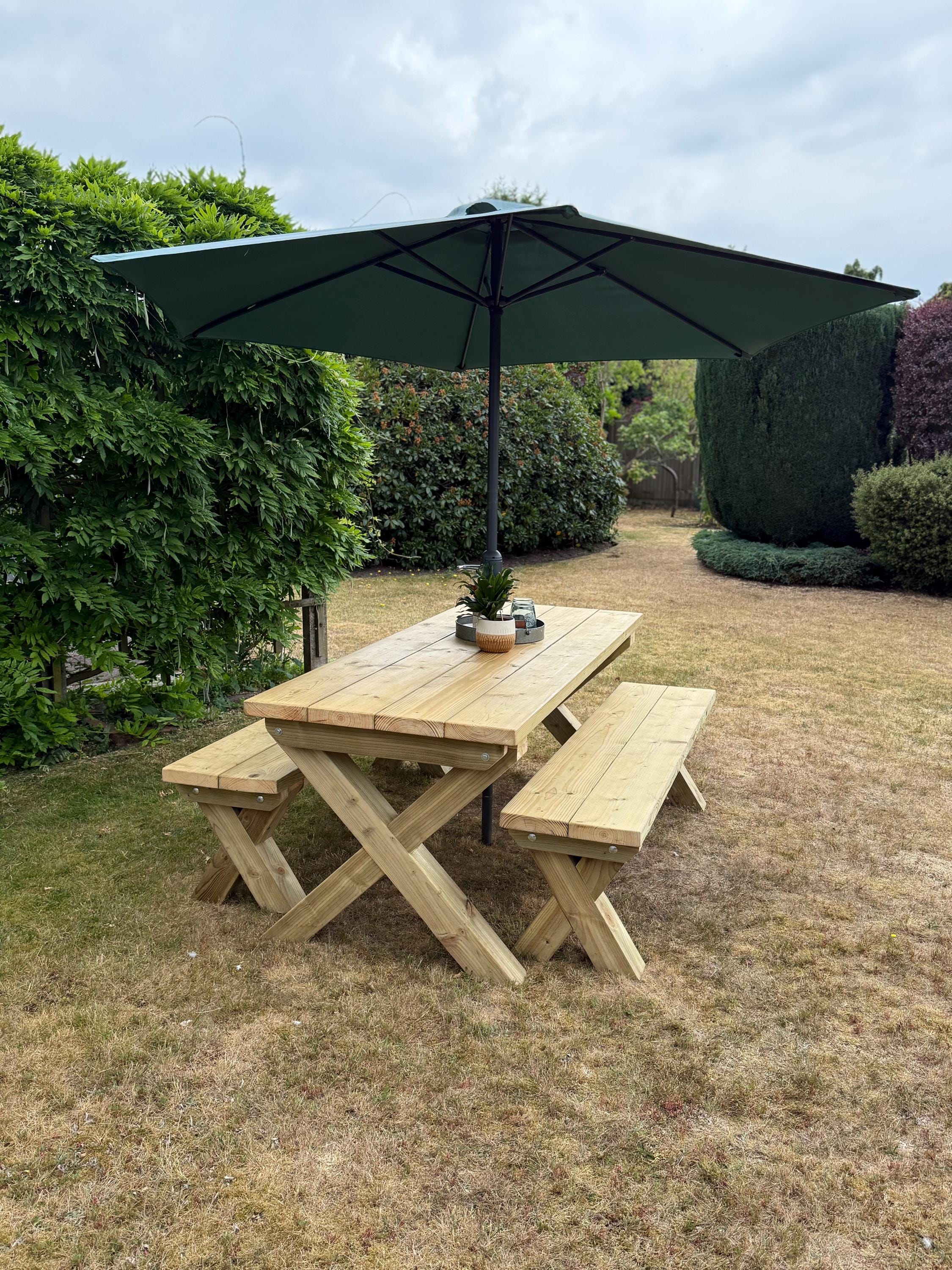 Chunky Wooden Outdoor Dining Table and Bench Set | Patio Furniture ...