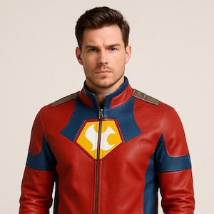 May include: Red and blue leather jacket with a yellow and white emblem on the chest. The jacket has a stand-up collar, a zipper closure, and blue accents on the shoulders and sleeves. A stylish outerwear piece.
