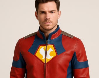May include: Red and blue leather jacket with a yellow and white emblem on the chest. The jacket has a stand-up collar, a zipper closure, and blue accents on the shoulders and sleeves. A stylish outerwear piece.