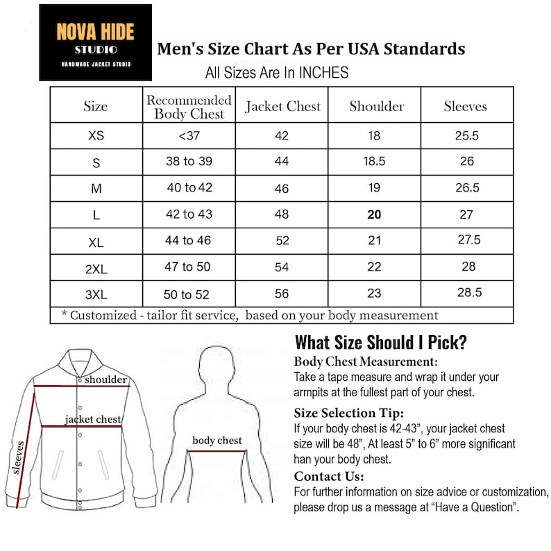 Puede incluir: Una tabla de tallas para chaquetas de Nova Hide Studio, con columnas para talla, pecho corporal, pecho de la chaqueta, hombros y mangas en pulgadas. Incluye un diagrama de una chaqueta y un torso con l&iacute;neas de medici&oacute;n e instrucciones.