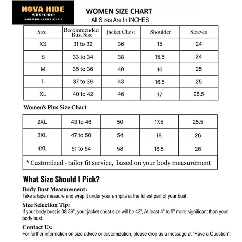 K&ouml;nnte beinhalten: Eine Gr&ouml;&szlig;entabelle f&uuml;r Damen in Zoll, mit Brust-, Jackenbrust-, Schulter- und &Auml;rmelma&szlig;en. Gr&ouml;&szlig;en von XS bis 4XL. Enth&auml;lt Anweisungen zum Messen und Ausw&auml;hlen der richtigen Jackengr&ouml;&szlig;e.
