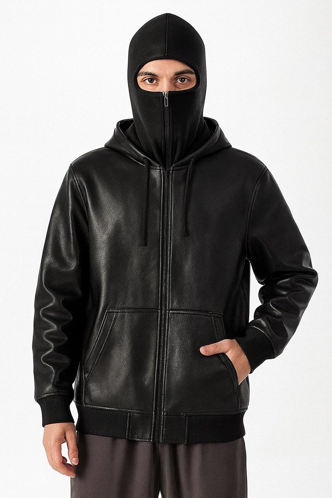 Handmade Ninja Style Leather Jacket With Built-in Mask Hood Riders