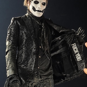 Papa Emeritus IV Ghost Black Gothic Costume, Rock Band Stage Jacket, Halloween Costume, Handmade Sequin Blazer with Patch