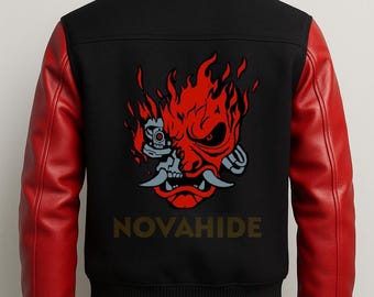 Giacca da college Samurai - Ispirata alla cibernetica / Corpo in lana e maniche in pelle fatte a mano