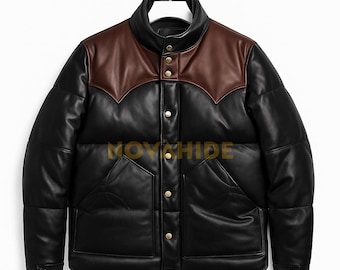 Handgemachte Western Leder Steppjacke Schwarz & Brauner Daunenmantel, Cowboy Stil