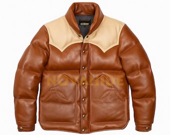 Handgefertigte Western Leder Steppjacke | Hellbrauner Daunenmantel im Cowboy-Stil