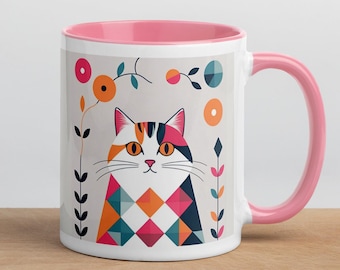Geometrische kattenmok: levendig roze koffiekop, scandi-stijl 11oz