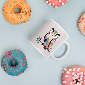 Mug en céramique de 11 oz à imprimé hibou mignon | Tasse d&#39;art géométrique pour les amateurs de café et de thé | Verres brillants imprimés recto-verso | Lavable au lave-vaisselle