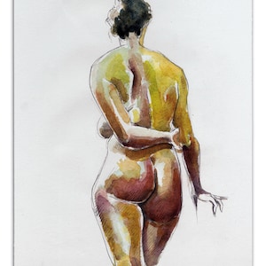 May include: Watercolor painting of a figure from the back, with arms crossed behind the back. The figure's skin tones are rendered in shades of yellow, brown, and red. The artwork is on textured paper with a torn edge.