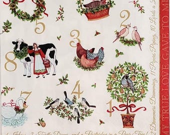Twelve Days of Christmas Decoupage Luncheon Napkin - Set of 2 Individual Napkins