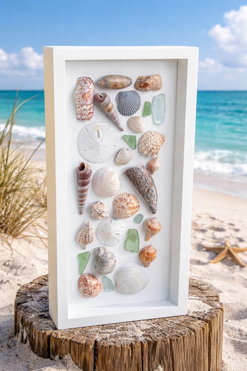 Framed Seashell Mosaic Wall Art | Beach Shell & Sea Glass Collage Art ...