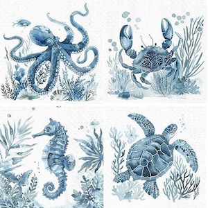 May include: Four square watercolor illustrations of sea creatures in shades of blue. The images include an octopus, crab, seahorse, and sea turtle, each surrounded by aquatic plants. The style is reminiscent of botanical art.