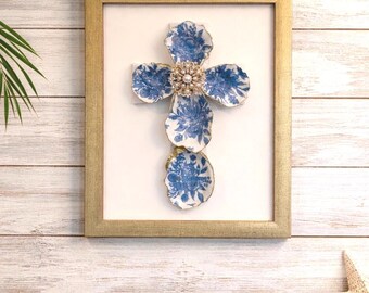 Blue Floral Oyster Shell Cross Wall Art, Coastal Christian Decor, Framed Art