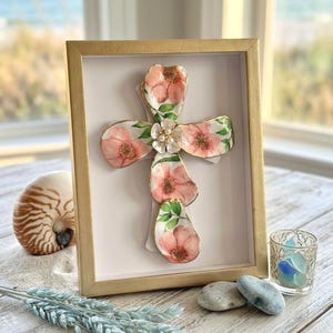 Pink Floral Oyster Shell Cross Wall Art, Coastal Christian Decor, Framed