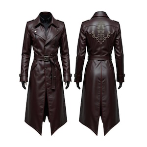 Unisex Gothic Real Leather Trench Coat – Steampunk Victorian Long Jacket with Embroidery | Dark Academia | Vampirecore | Cosplay