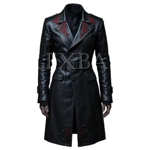 Gothic Men&#39;s Real Leather Coat with Red Embroidery | Steampunk Victorian Long Jacket | Darkwear Cosplay Vampire Trench Overcoat