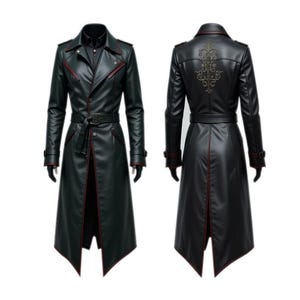 Unisex Gothic Real Leather Trench Coat | Victorian Steampunk Long Jacket | Embroidered Dark Aesthetic | Witchy Alt Fashion
