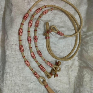 Handmade Leather Braided Natural Rawhide Barrel Knotts  Reins with leather Popper .