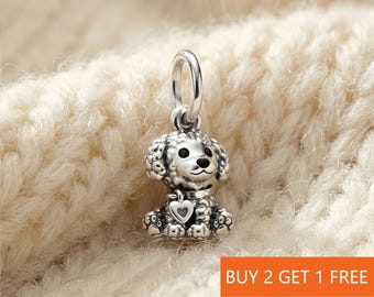 Ciondolo a forma di cucciolo di barboncino per bracciale o collana in argento, ciondolo per collana, fatto a mano per Natale, regalo per lei, ciondolo da viaggio