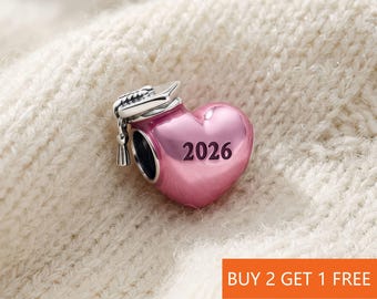 Graduation 2026 Pink Heart Charm for Bracelet or Necklace Silver, Necklace Pendant,Christmas Handmade,  Gift for Her,Travel Pendant