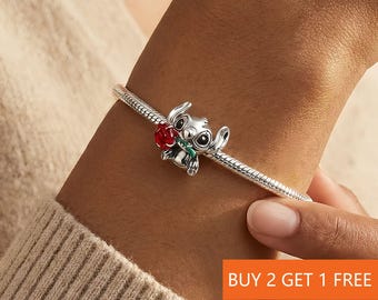 Disney Stitch Rose Murano Glass Charm for Bracelet or Necklace Silver, Necklace Pendant,Christmas Handmade,  Gift for Her, Travel Pendant