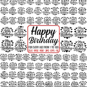 Peut inclure: Graphique noir et blanc avec les mots "Happy Birthday" dans un encadré rouge. L'image contient des vœux d'anniversaire pour les âges 1 à 80, chacun avec un motif de cœur. L'image est pour les âges 1 à 100.
