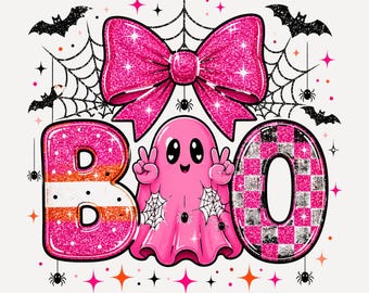 Pink Boo PNG, Glitter Halloween Ghost PNG, Coquette Bow Ghost Shirt Design, Pink Halloween PNG, Spooky Cute Sublimation Png