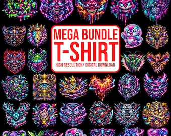Neon Cyberpunk T-Shirt Designs | 100 Glow Graphics PNG Bundle (Digital Download)