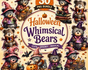 30 Whimsical Halloween Bears PNG Bundle, Cute Witch Teddy Bear Clipart, Spooky Cute Sublimation, Digital Download