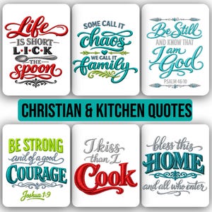 Puede incluir: Una colección de citas cristianas y de cocina bordadas sobre fondos blancos. Las citas incluyen frases como "Life is Short, Lick the Spoon" y "Be Still and Know That I Am God". También está presente el texto "Christian & Kitchen Quotes".