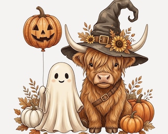 Halloween Highland Cow PNG, Cute Ghost Pumpkin Fall PNG, Witch Hat Cow Sublimation, Spooky Autumn Shirt Design, Trending Fall PNG