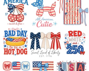 4th Of July Bundle Png, Patriotic Coquette Png, USA Girly Bundle, Trendy America Png, Retro Independence Day Sublimation