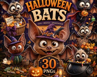 30 Whimsical Halloween Bats PNG Bundle, Cute Witch Bat Clipart, Spooky Cute Sublimation Designs, Digital Download
