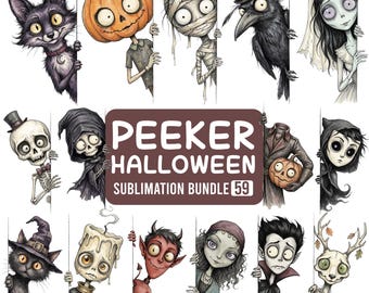 Halloween Peeker PNG Bundle, 59 Creepy Cute Gothic Characters, Spooky Sublimation Clipart for Tumblers, Shirts and Crafts