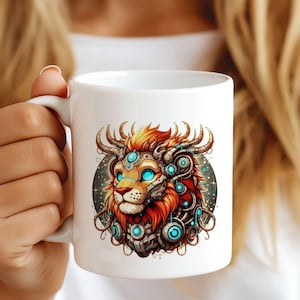May include: White ceramic mug featuring a detailed illustration of a lion's head with a mechanical, futuristic design. The lion has orange and red fur, blue glowing eyes, and intricate metal accents. The background is a dark gray with small white dots.